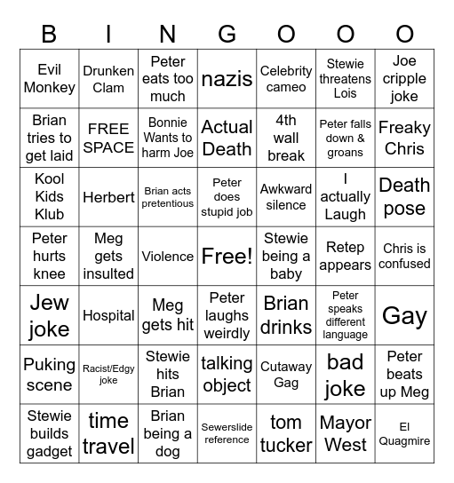 Family Guy Moments Bingo Card