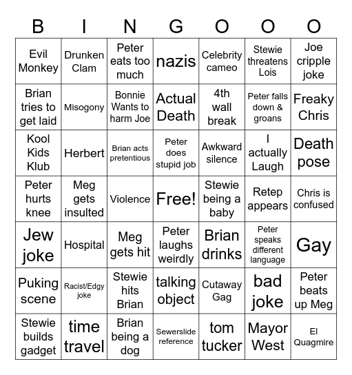 Family Guy Moments Bingo Card