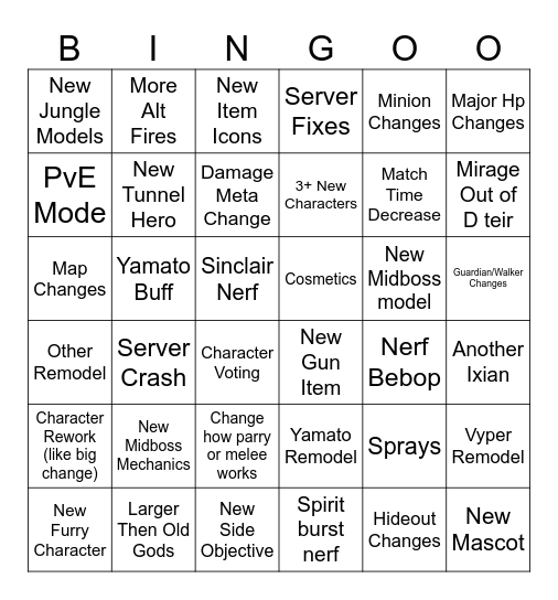 Deadlock Update Bingo Card