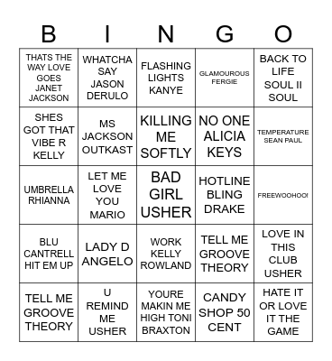 Pop Music Bingo Card