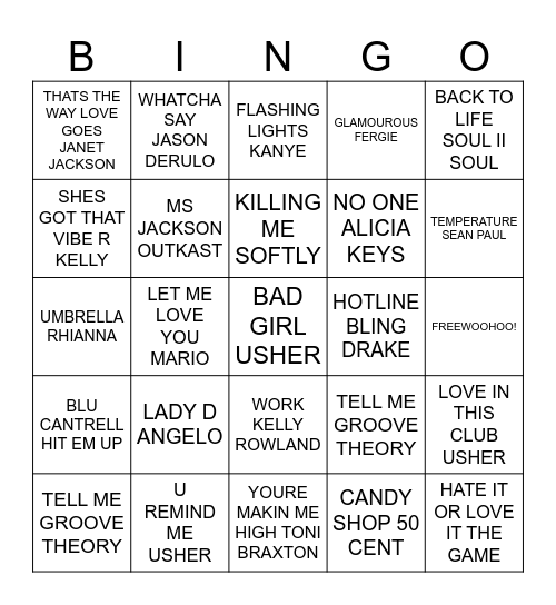 Pop Music Bingo Card