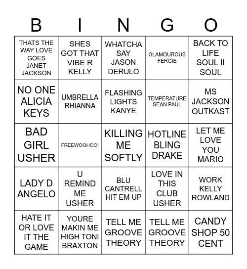 Pop Music Bingo Card