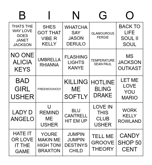 Pop Music Bingo Card