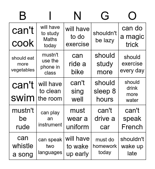 Modal Verbs Bingo Card