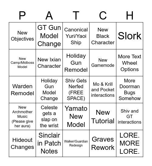 Deadlock Evil Patch Bingo Card