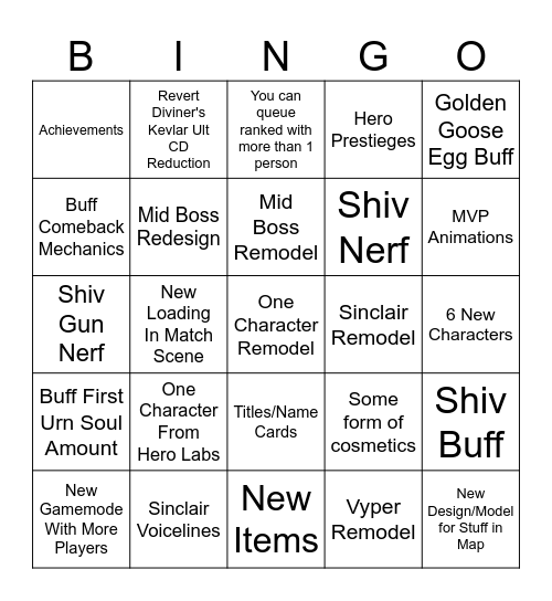 Deadlock Major Update 2026/09/28 Bingo Card