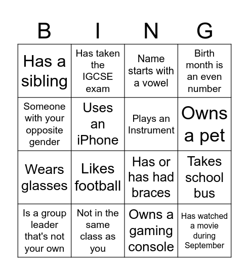 Primary School Icebreaker Bingo Card