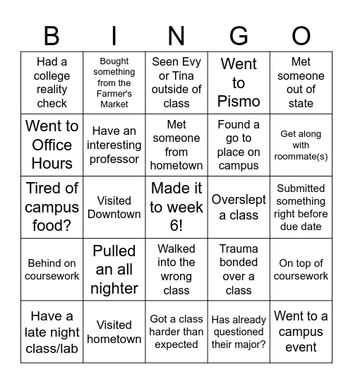 UNIV 1000 Week 6 BINGO (TINA) Bingo Card