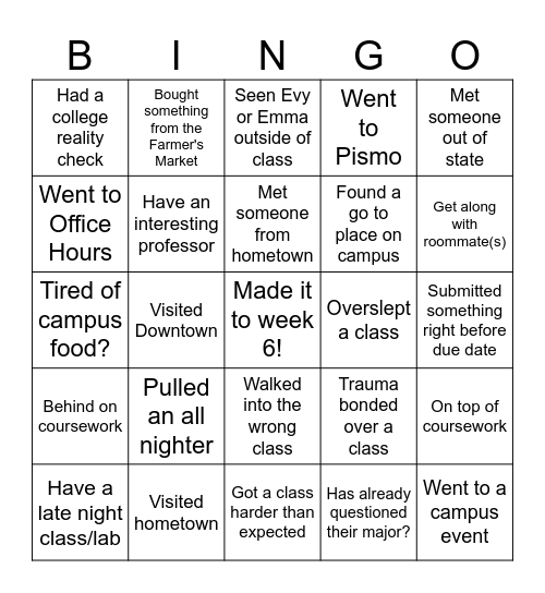 UNIV 1000 Week 6 BINGO (EMMA) Bingo Card