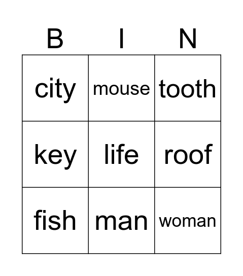 Plurals Bingo Card