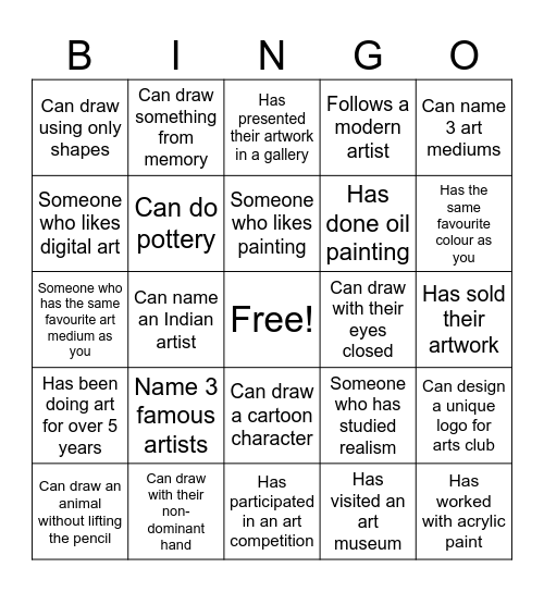 Arts Club Bingo Card