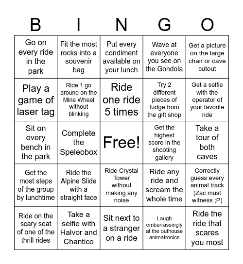 Glenwood Caverns Bingo Card