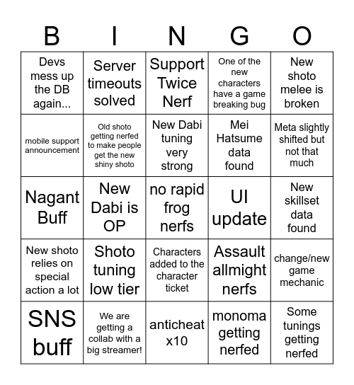Season 19 Bingo Card