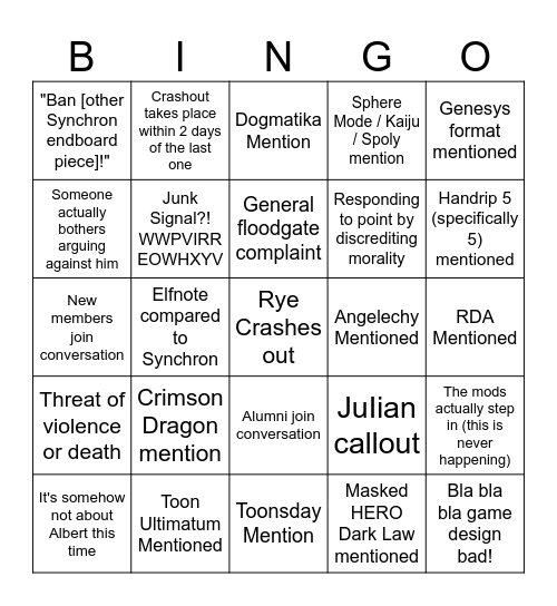 Rye Crashout Bingo Card Bingo Card