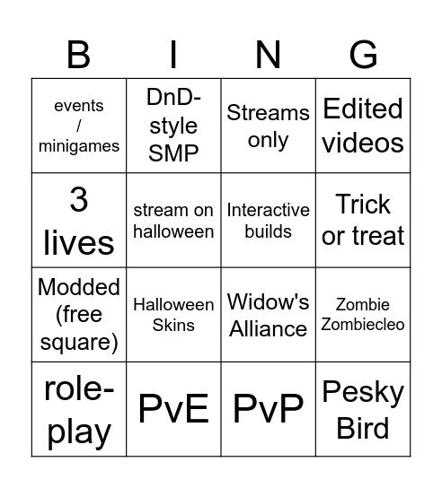 Halloween SMP Bingo Card