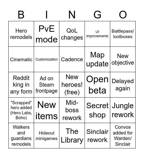 Deadlock Major Update Bingo Card