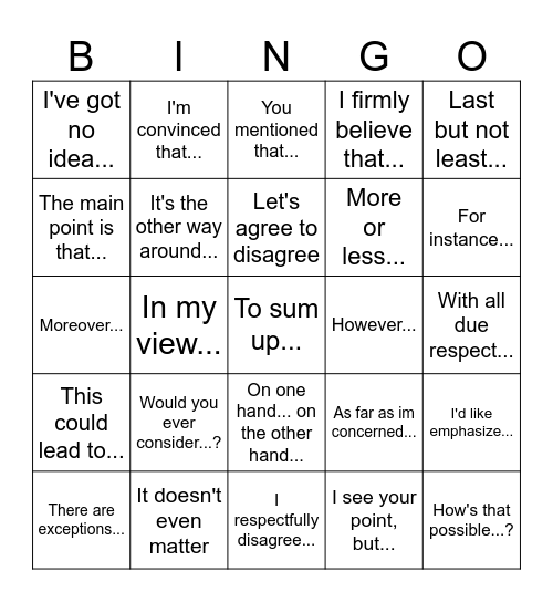 debate expressions Bingo Card