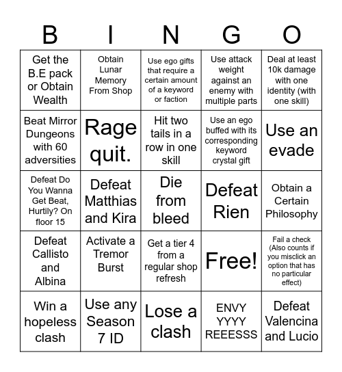 Limbus Company Mirror Dungeon 7 Bingo Card