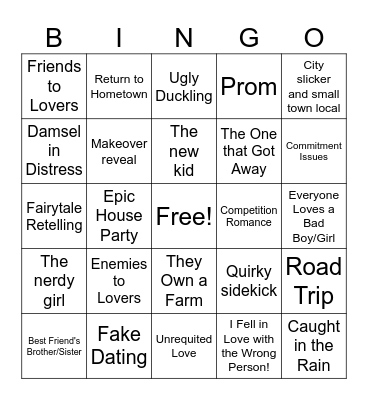 Rom Com Tropes Bingo Card