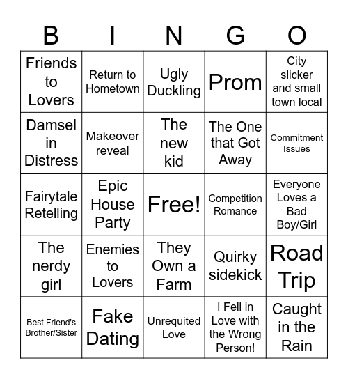 Rom Com Tropes Bingo Card