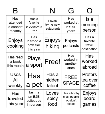 E2E Social Hour Bingo Card