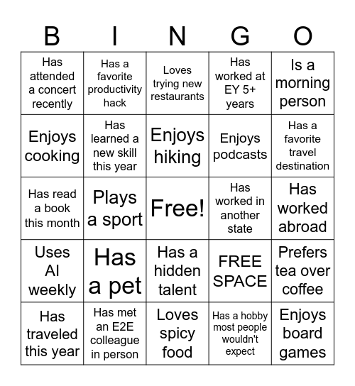 E2E Social Hour Bingo Card