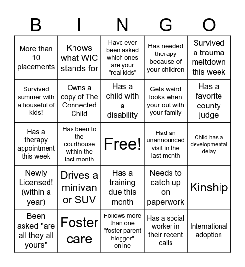 Foster/Adoptive Parent Bingo Card