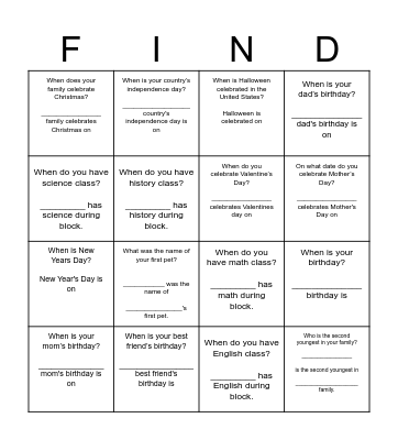 Find Someone Who... (ordinals) Bingo Card