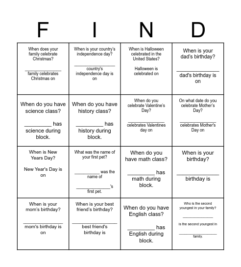 Find Someone Who... (ordinals) Bingo Card