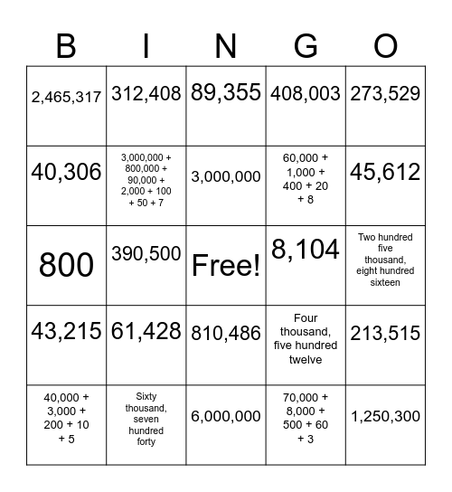 9 Digit Place Value Bingo Card