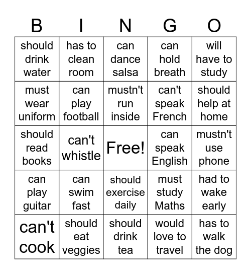 Modal Verbs Activity Bingo Card
