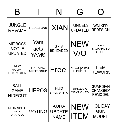 DEADLOCk Bingo Card