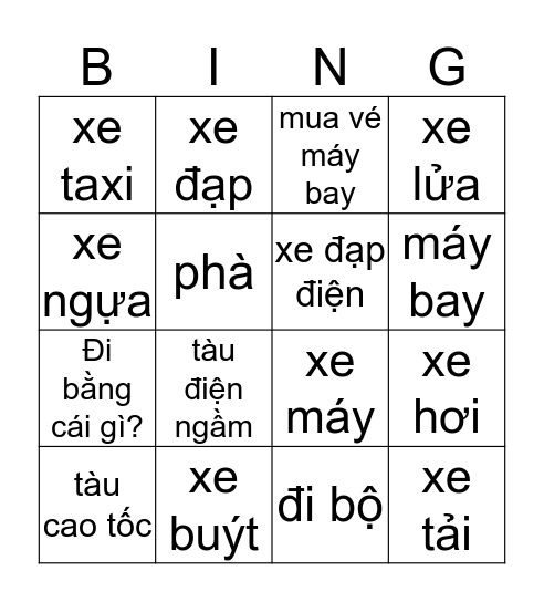 Phương tiện di chuyển (chữ) Bingo Card
