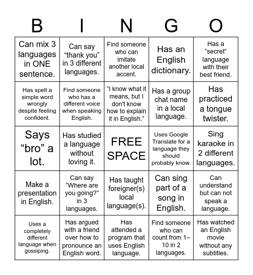Local Languages Bingo Card