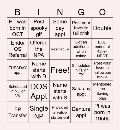 OCTOBER TEAM BINGO Card