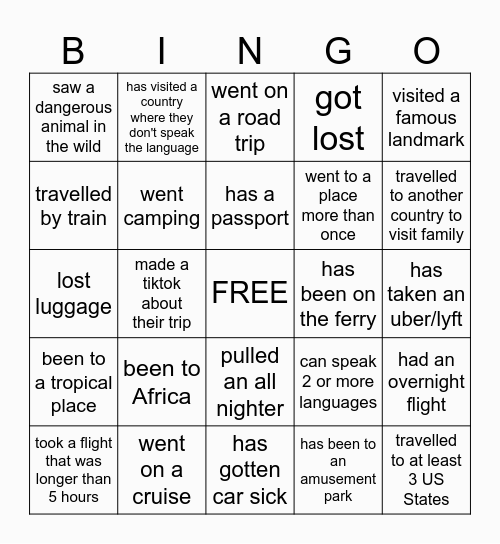 Travel Bingo Card