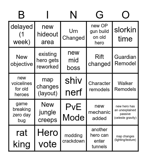 Deadlock Patch Bingo Card