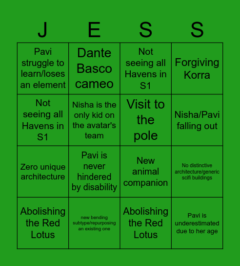 Avatar: Seven Bingoes Bingo Card