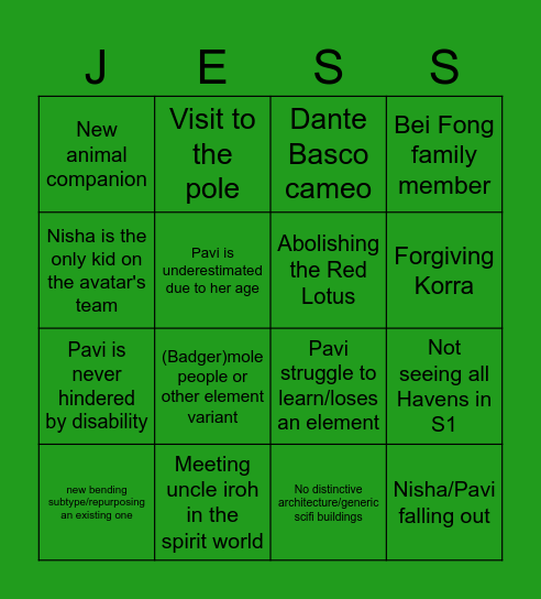 Avatar: Seven Bingoes Bingo Card