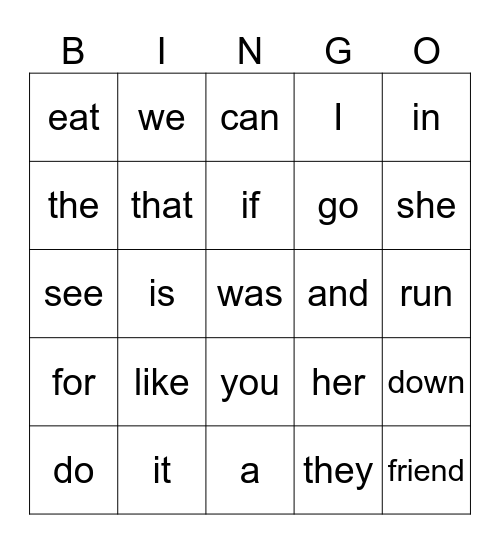 High Frequency Word Bingo Card