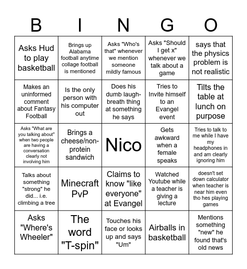 Nico Bingo Card