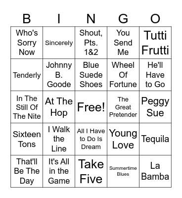 Back To The 50s Bingo Card