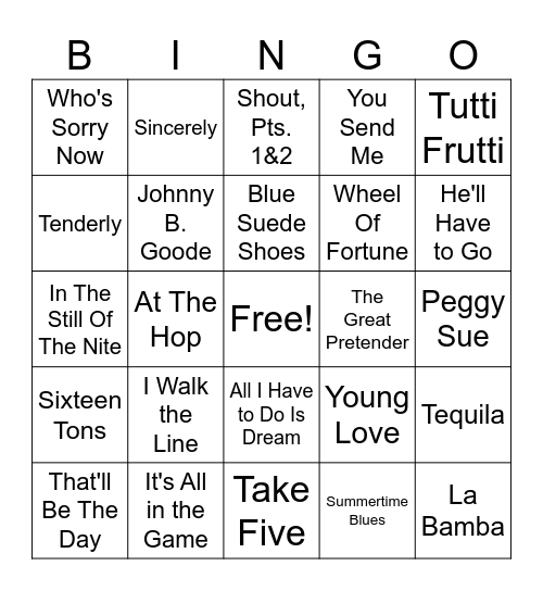 Back To The 50s Bingo Card