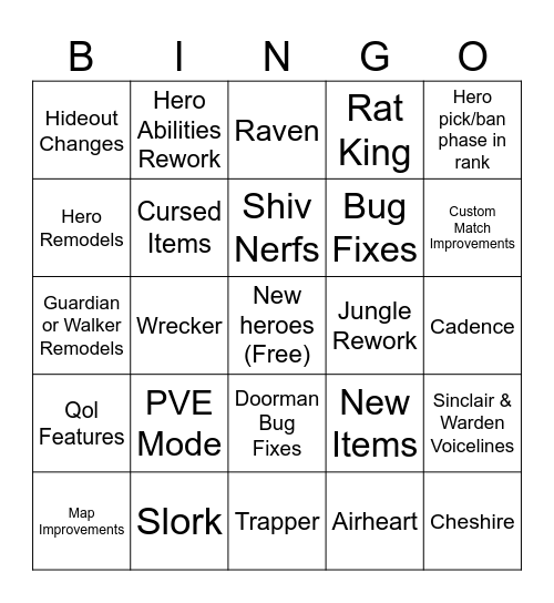 Deadlock Patch Bingo Card