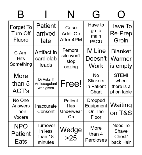 Cath Lab Bingo Card