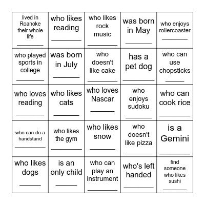 Find Someone Who... Bingo Card
