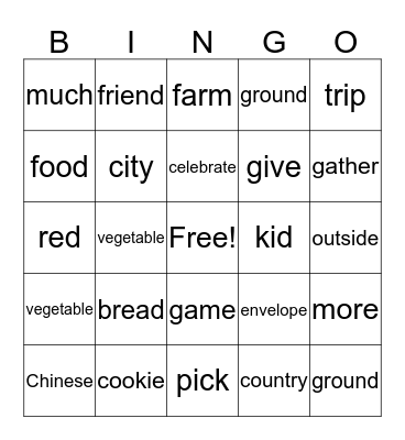 unit 2 Vocabulary Bingo Card