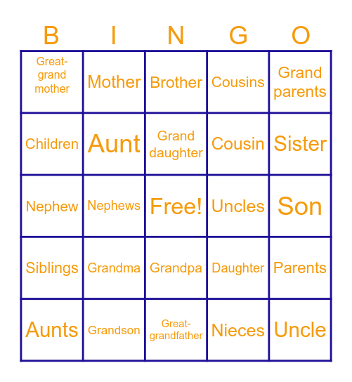 Family Members Bingo Card