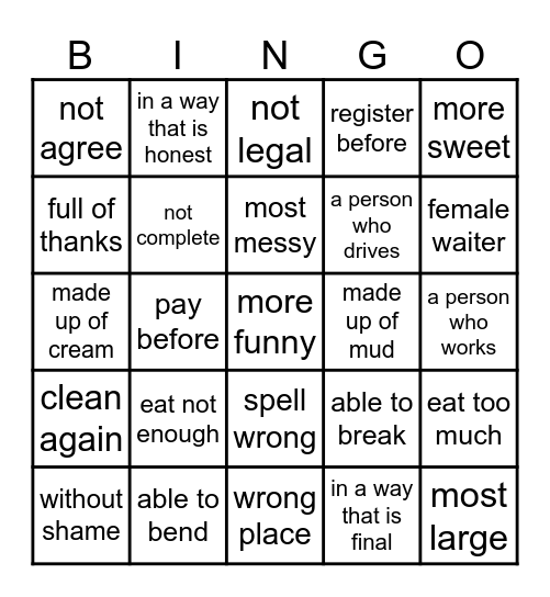 Prefix/Suffix Bingo Card