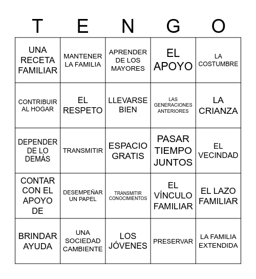 LA FAMILIA Y LA COMUNIDAD Bingo Card